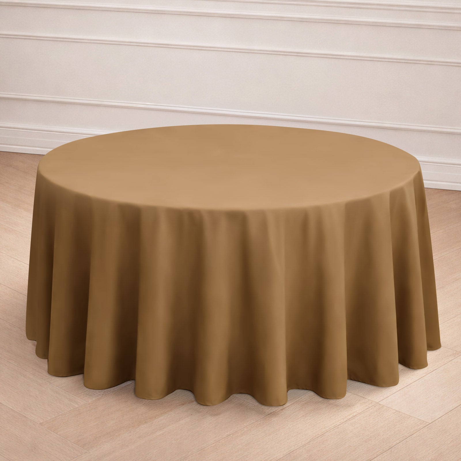Taupe seamless round tablecloth for elegant dining settings.