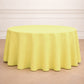 Yellow round polyester tablecloth, 120 inches in size.