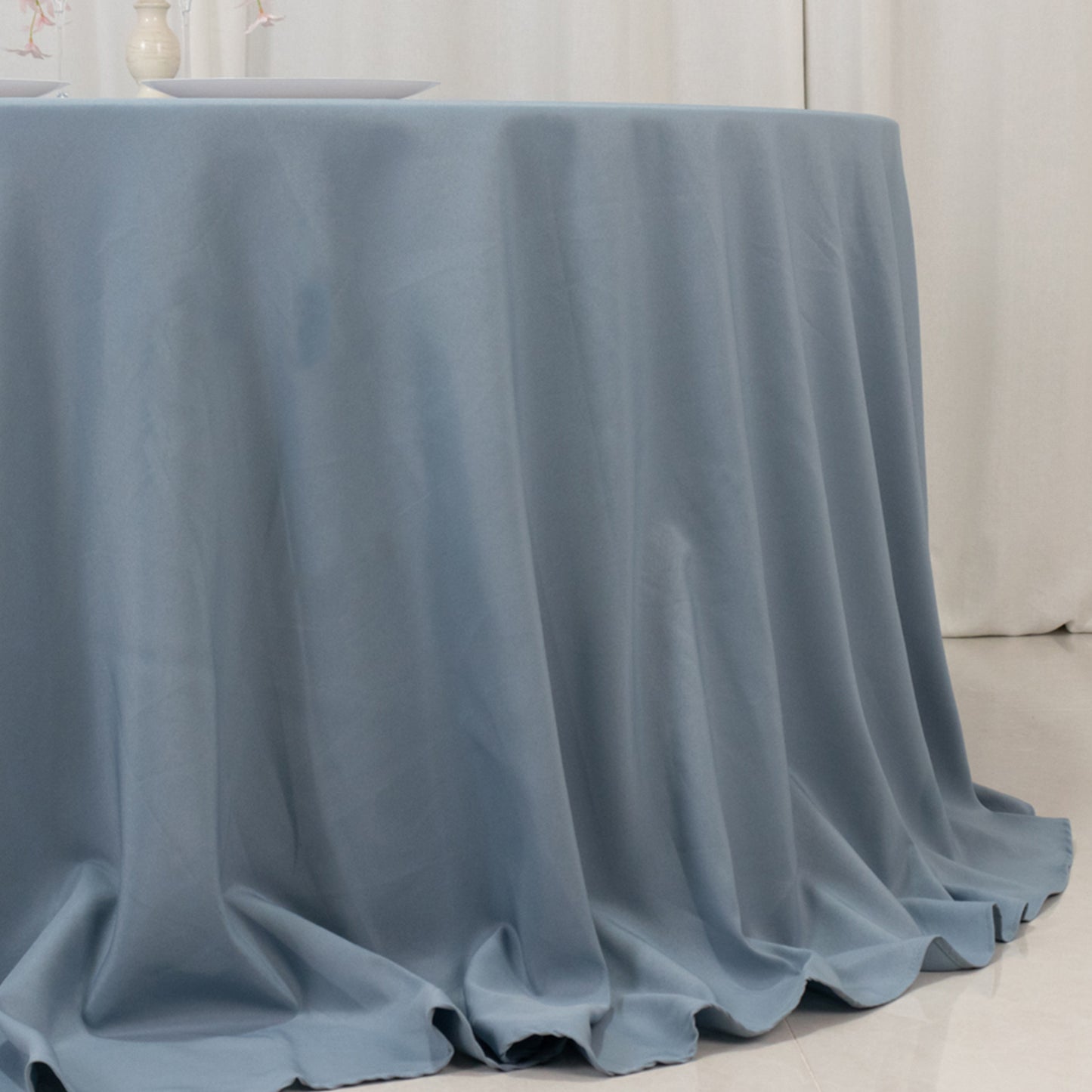 132" Dusty Blue Seamless Premium Polyester Round Tablecloth - 220GSM for 6 Foot Table With Floor-Length Drop