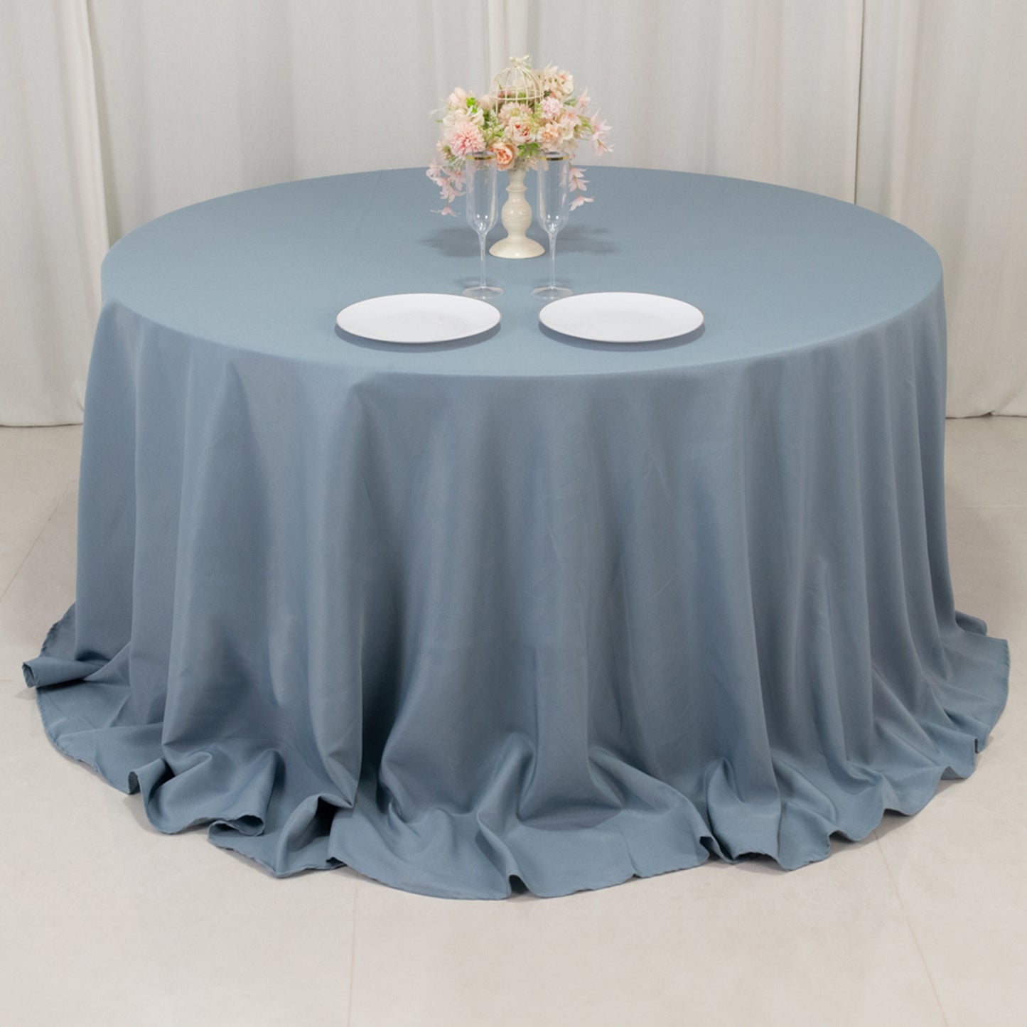 132" Dusty Blue Seamless Premium Polyester Round Tablecloth - 220GSM for 6 Foot Table With Floor-Length Drop