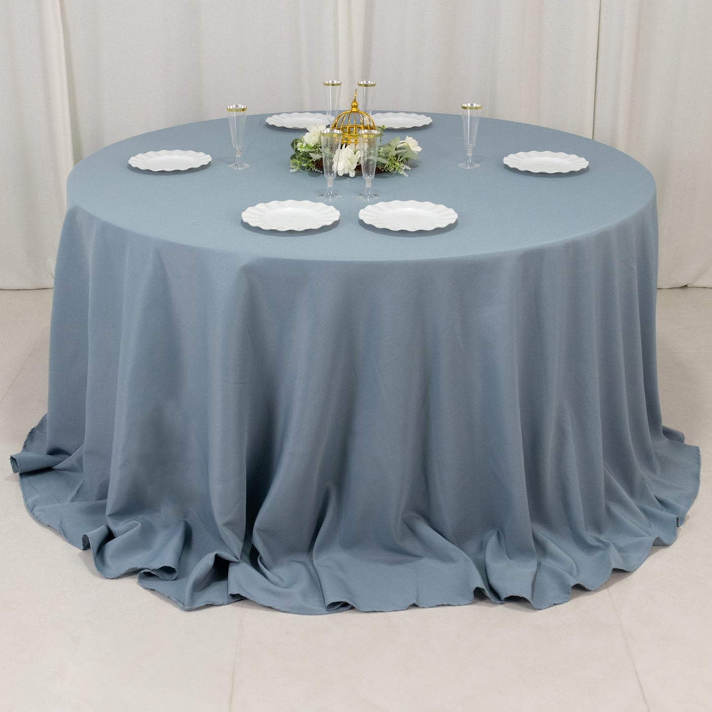 132" Dusty Blue Seamless Premium Polyester Round Tablecloth - 220GSM for 6 Foot Table With Floor-Length Drop