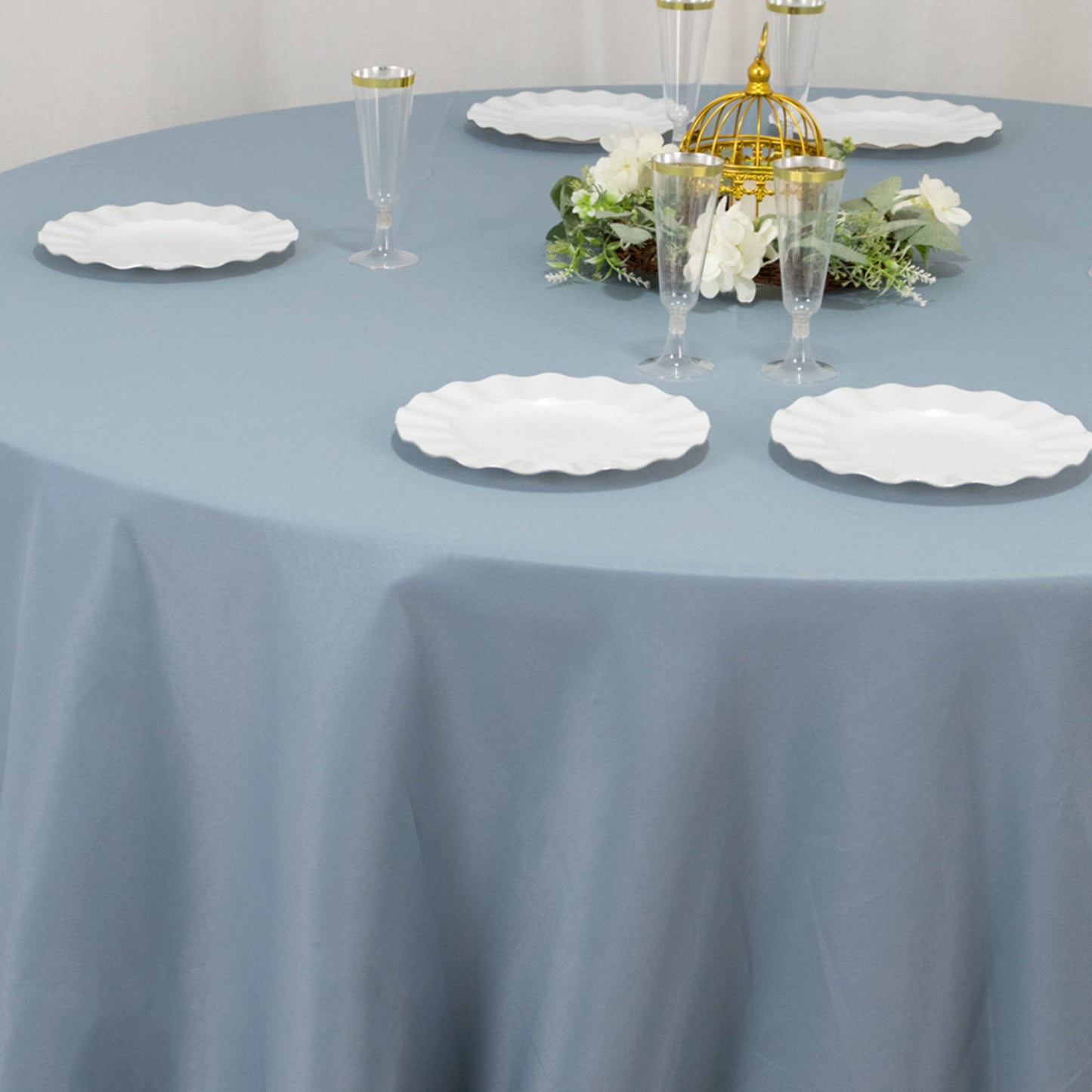 132" Dusty Blue Seamless Premium Polyester Round Tablecloth - 220GSM for 6 Foot Table With Floor-Length Drop