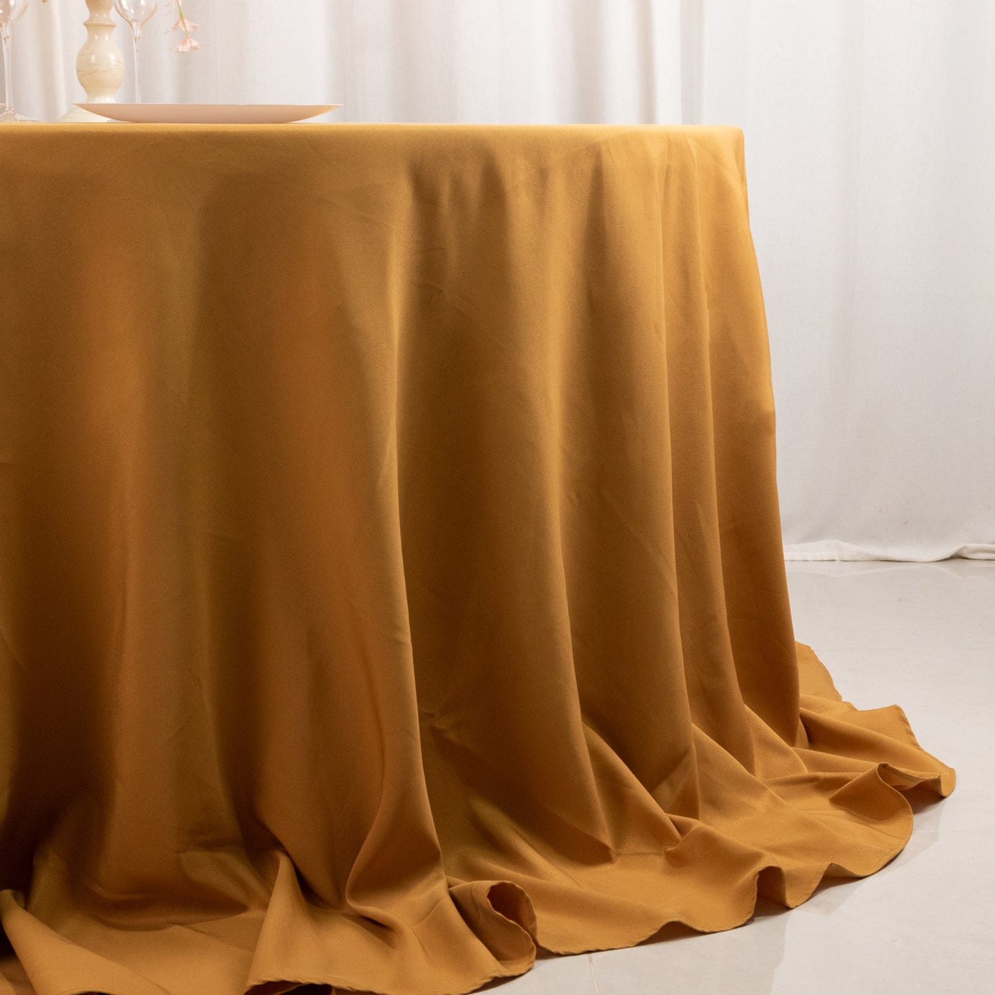 132" Gold Seamless Premium Polyester Round Tablecloth - 220GSM for 6 Foot Table With Floor-Length Drop