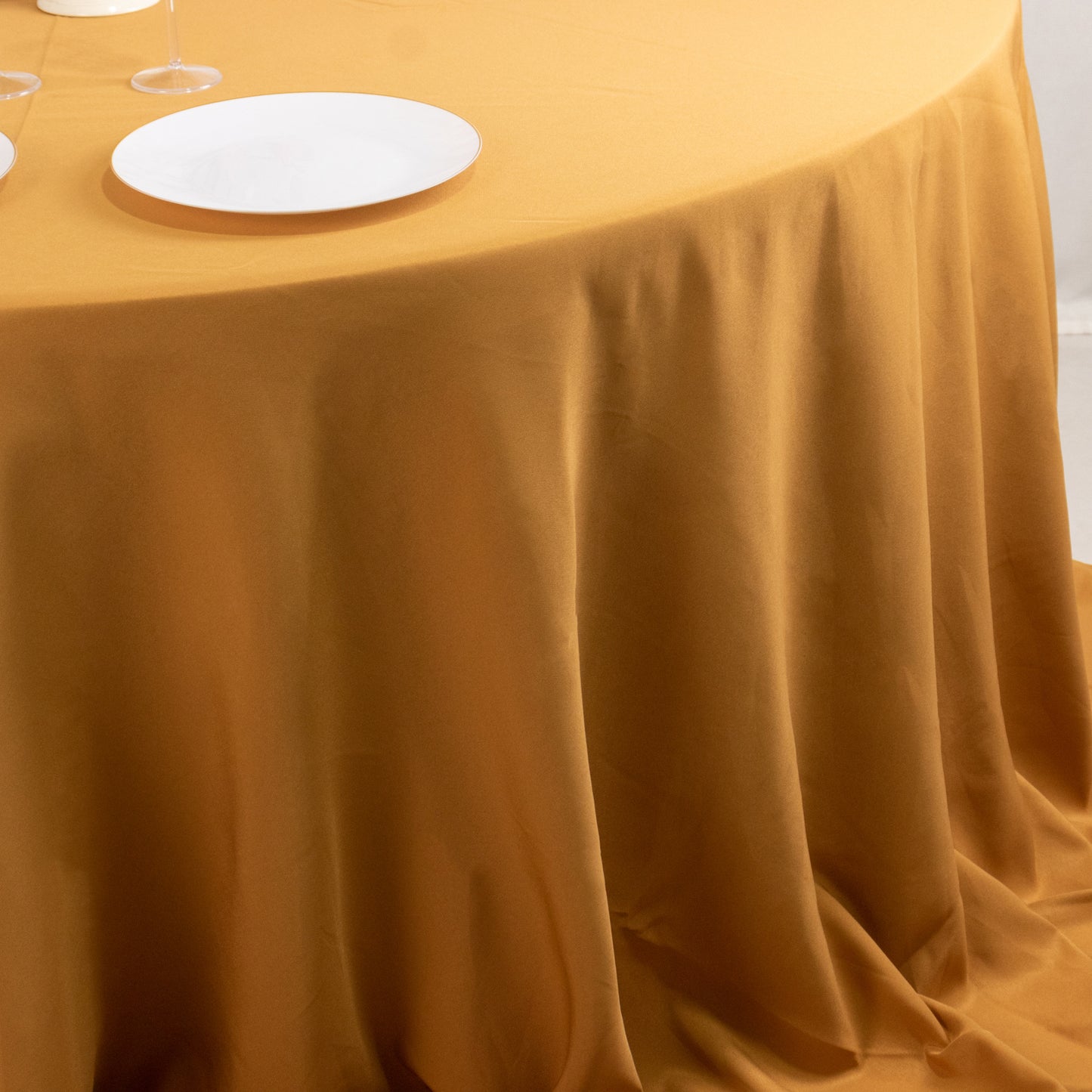 132" Gold Seamless Premium Polyester Round Tablecloth - 220GSM for 6 Foot Table With Floor-Length Drop