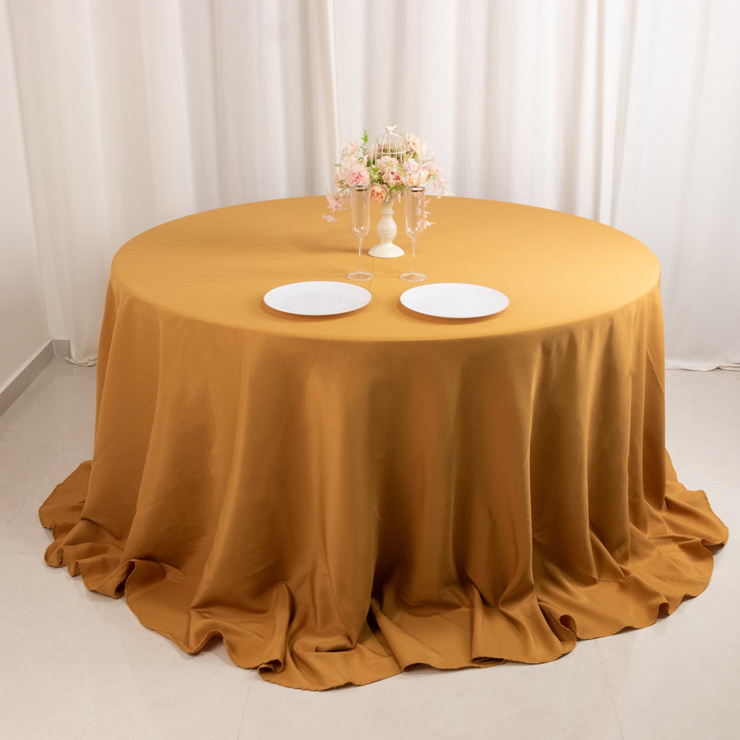 132" Gold Seamless Premium Polyester Round Tablecloth - 220GSM for 6 Foot Table With Floor-Length Drop