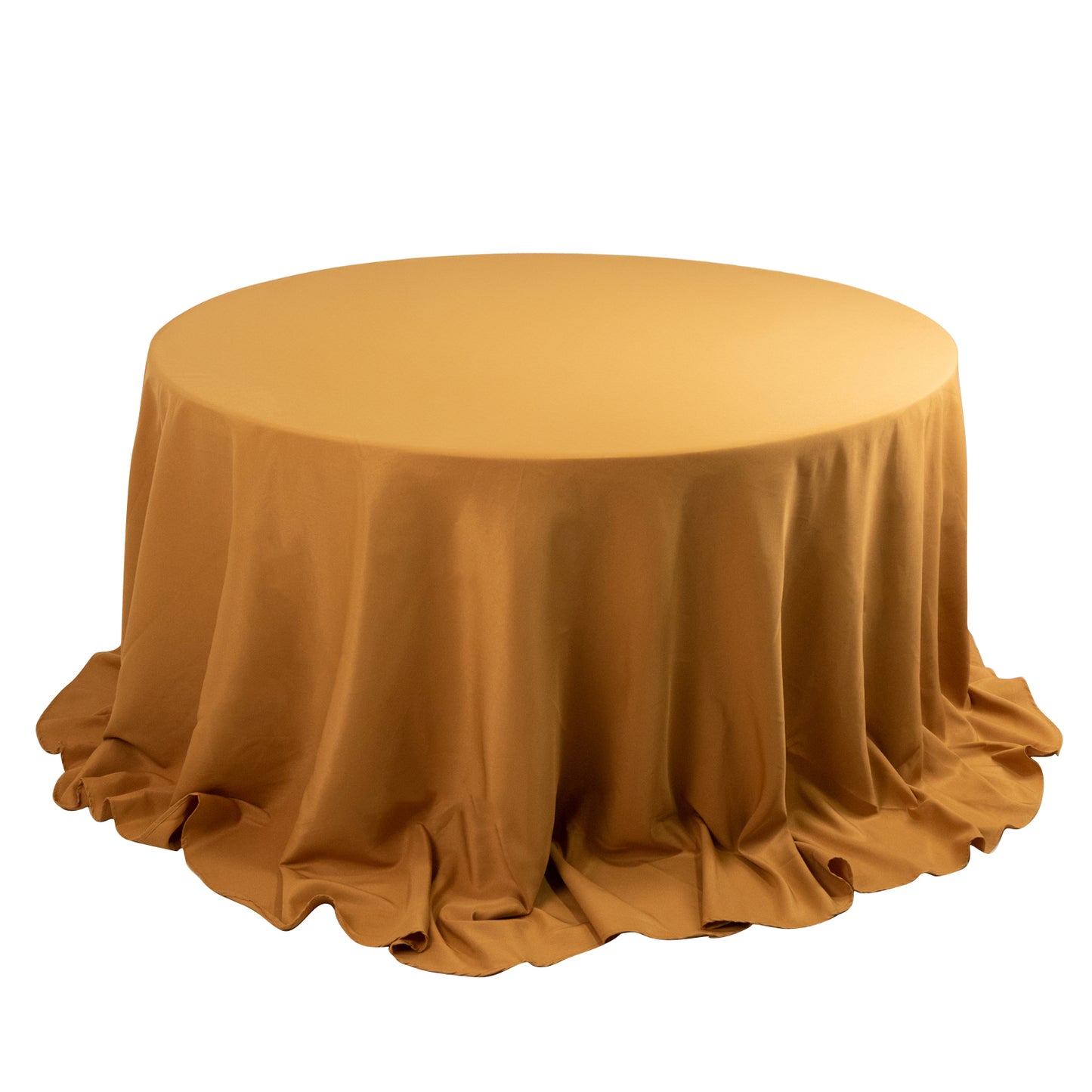 132" Gold Seamless Premium Polyester Round Tablecloth - 220GSM for 6 Foot Table With Floor-Length Drop