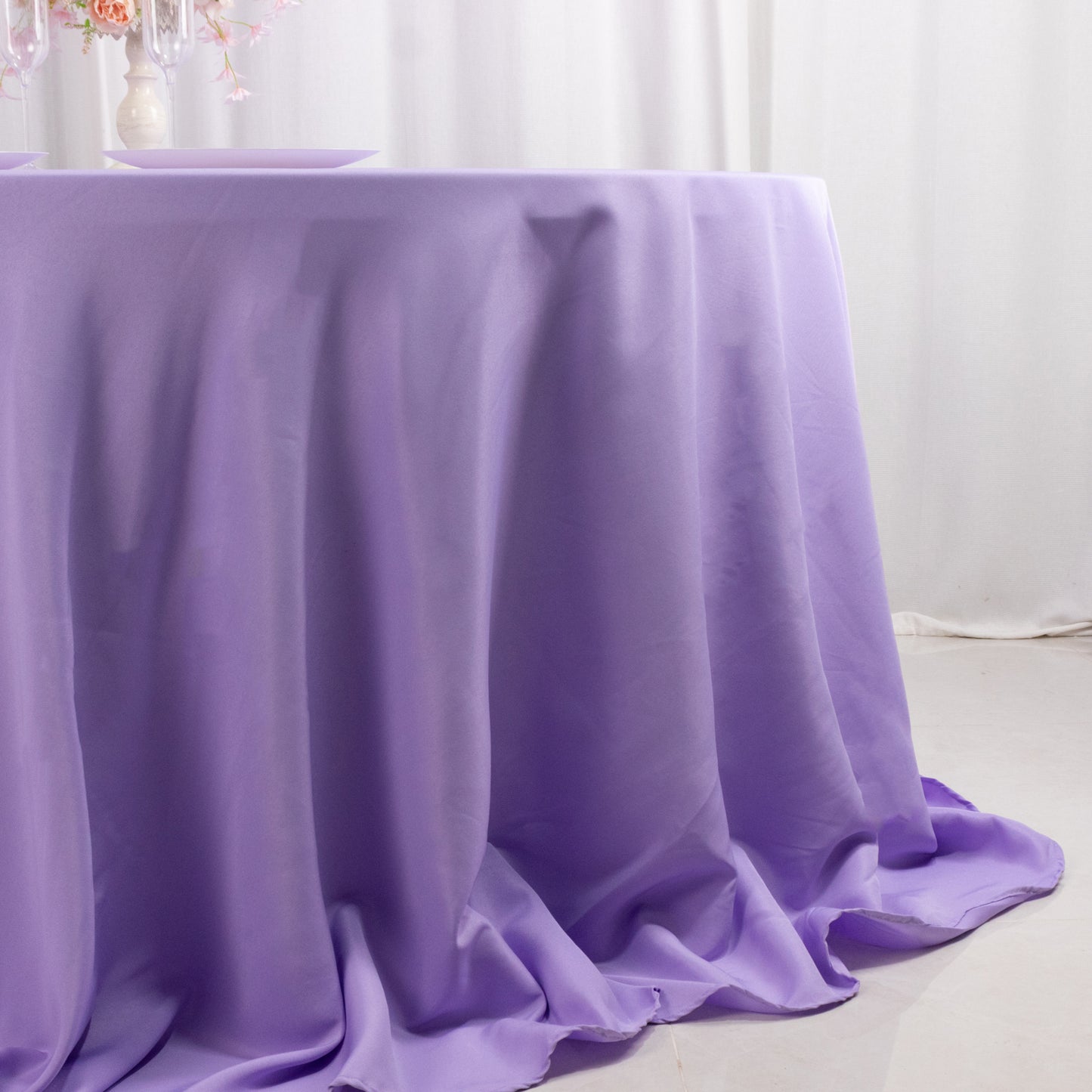 132" Lavender Lilac Seamless Premium Polyester Round Tablecloth - 220GSM for 6 Foot Table With Floor-Length Drop