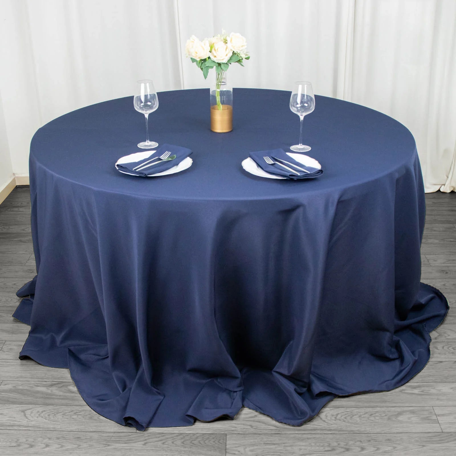 132inch Navy Blue 200 GSM Seamless Premium Polyester Round Tablecloth