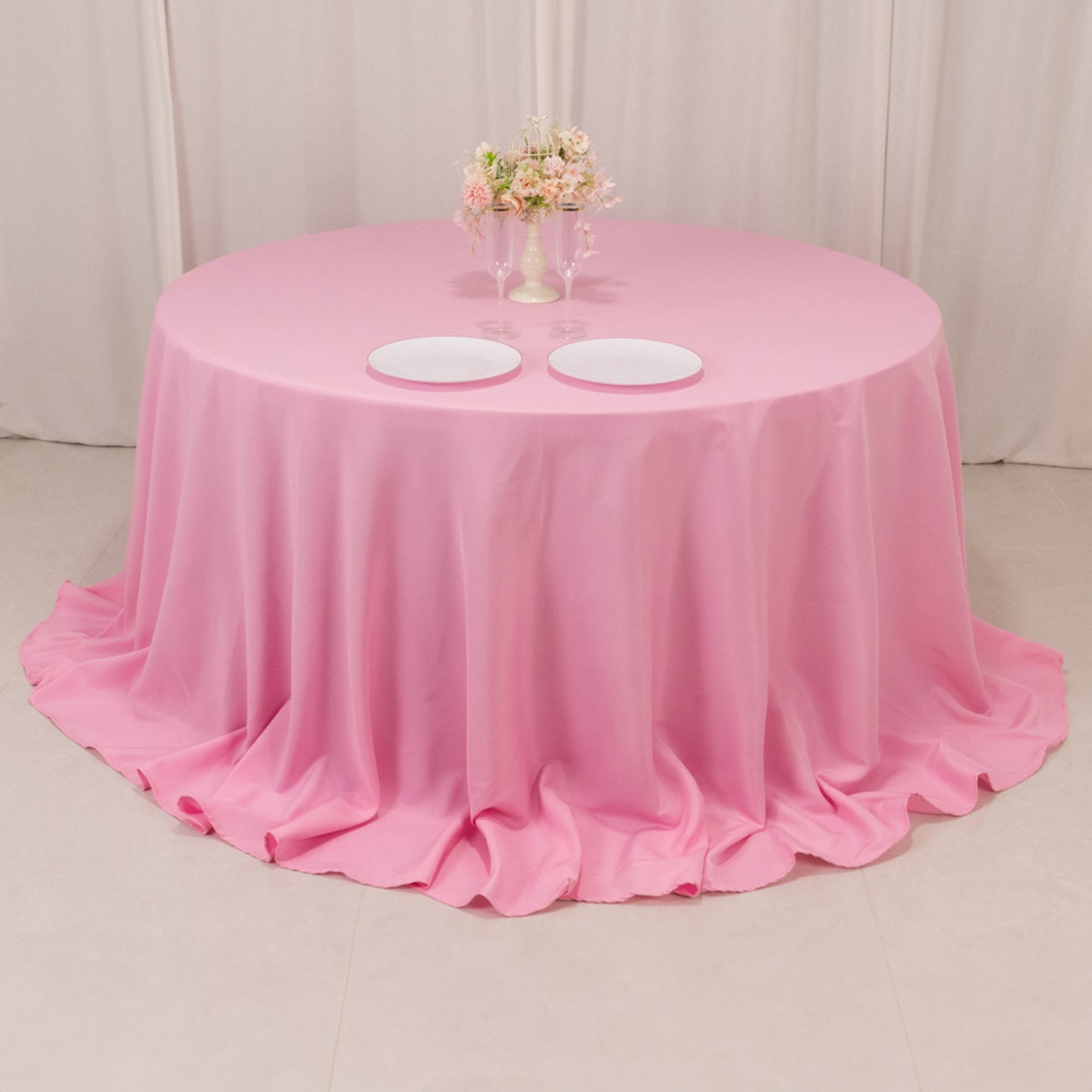 132" Pink Seamless Premium Polyester Round Tablecloth - 220GSM for 6 Foot Table With Floor-Length Drop