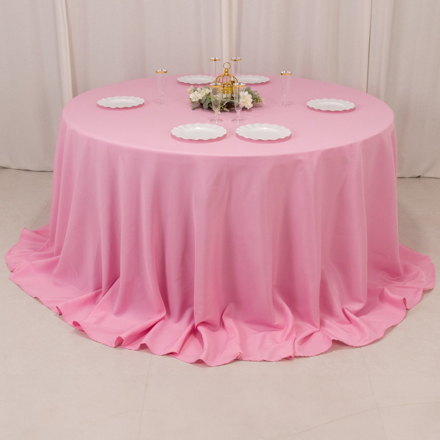 132" Pink Seamless Premium Polyester Round Tablecloth - 220GSM for 6 Foot Table With Floor-Length Drop