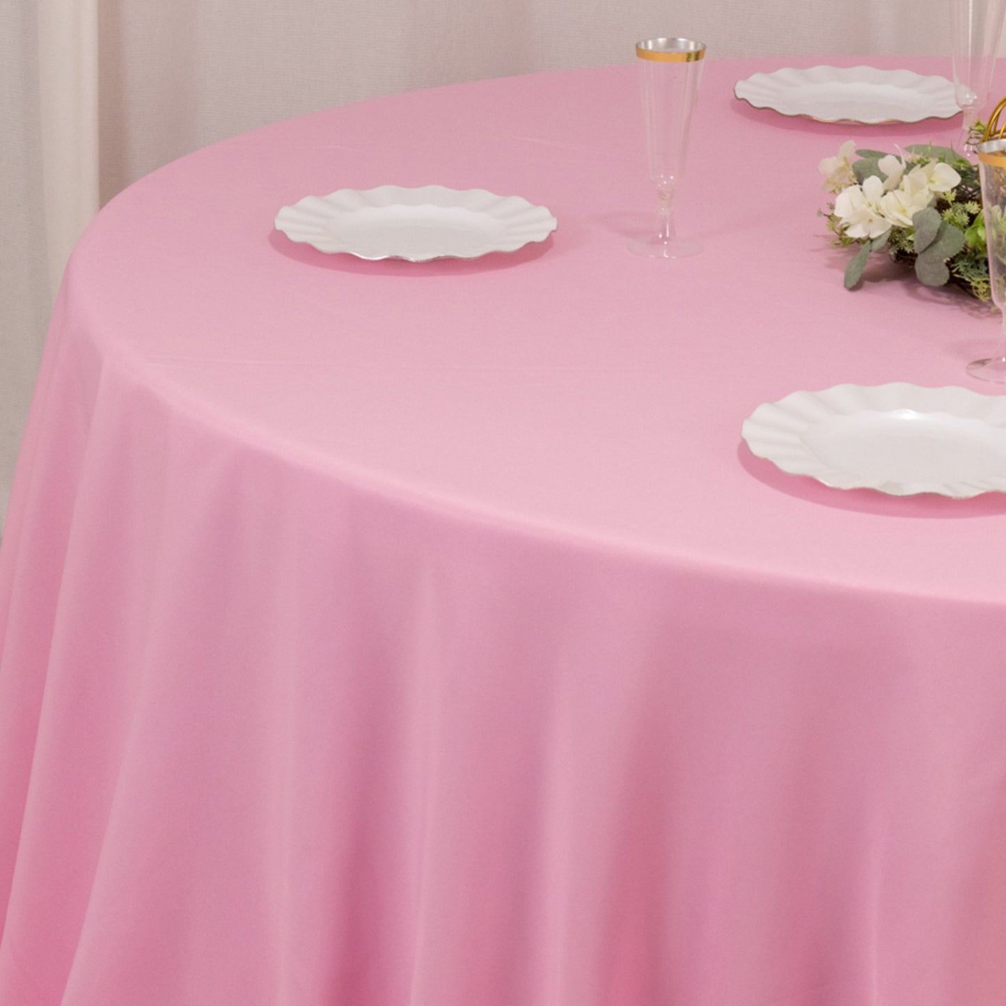 132" Pink Seamless Premium Polyester Round Tablecloth - 220GSM for 6 Foot Table With Floor-Length Drop