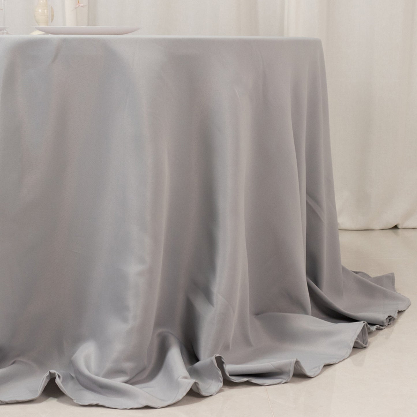 132" Silver Seamless Premium Polyester Round Tablecloth - 220GSM for 6 Foot Table With Floor-Length Drop