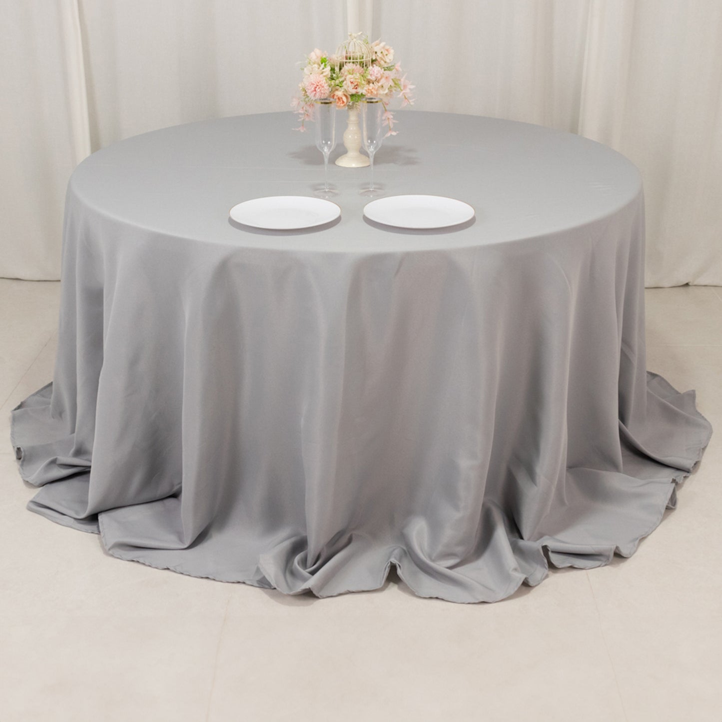 132" Silver Seamless Premium Polyester Round Tablecloth - 220GSM for 6 Foot Table With Floor-Length Drop