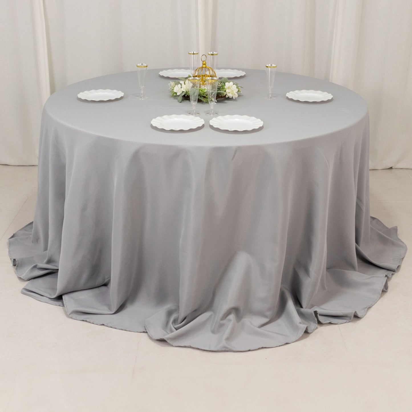 132" Silver Seamless Premium Polyester Round Tablecloth - 220GSM for 6 Foot Table With Floor-Length Drop