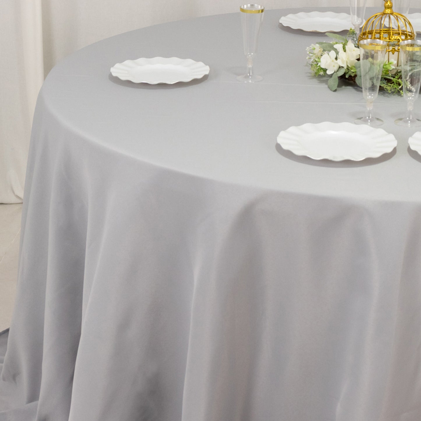 132" Silver Seamless Premium Polyester Round Tablecloth - 220GSM for 6 Foot Table With Floor-Length Drop