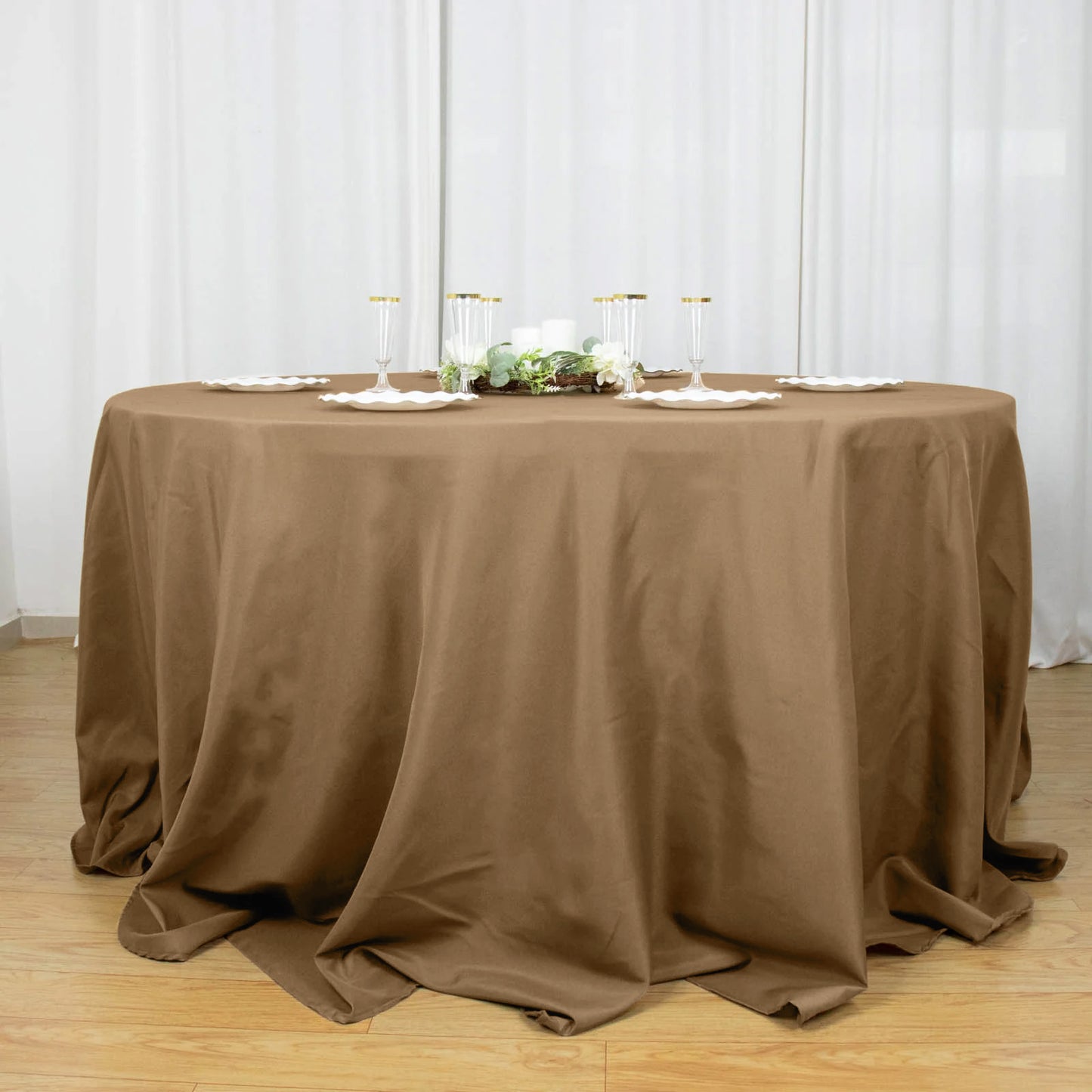 132" Taupe Seamless Polyester Round Tablecloth