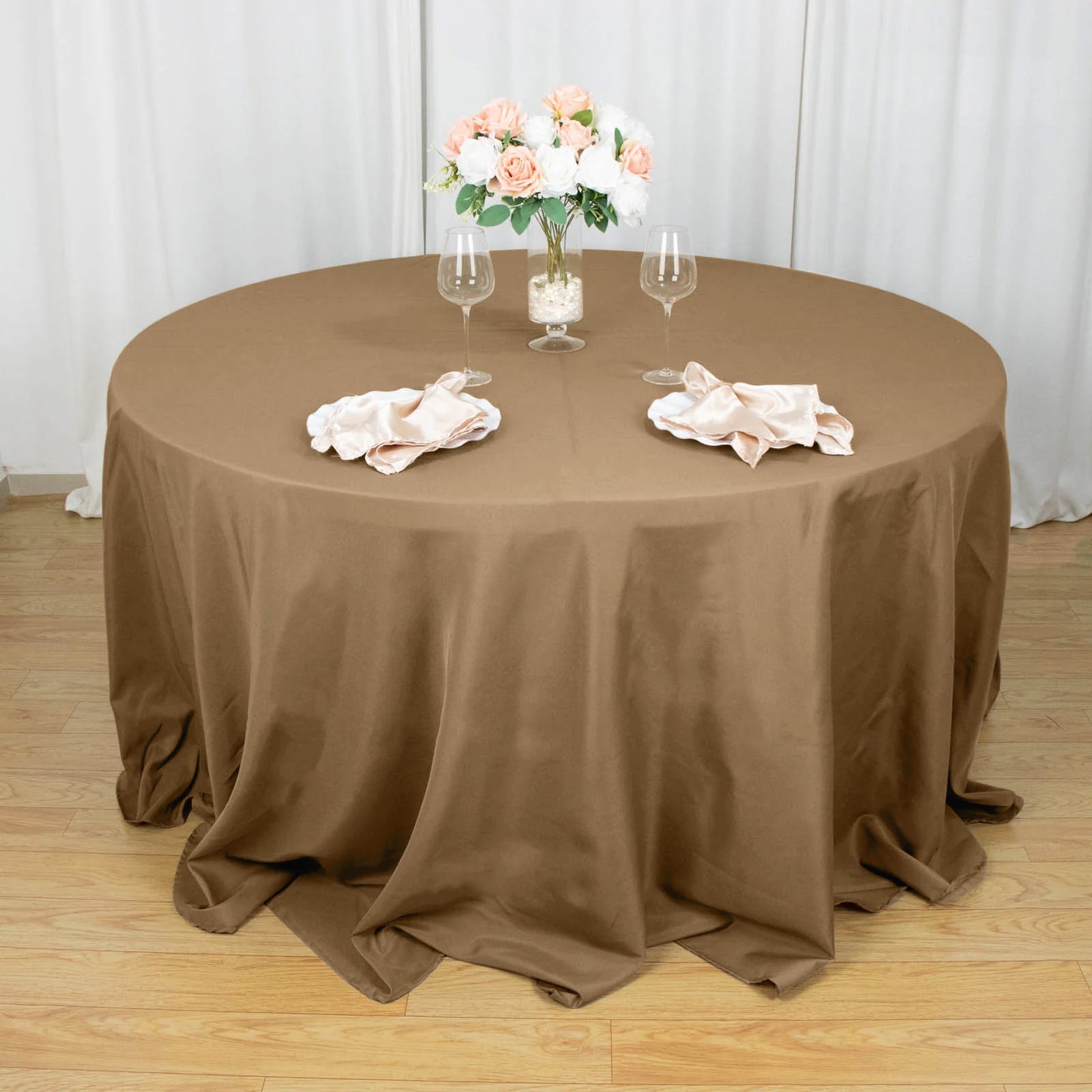 132" Taupe Seamless Polyester Round Tablecloth