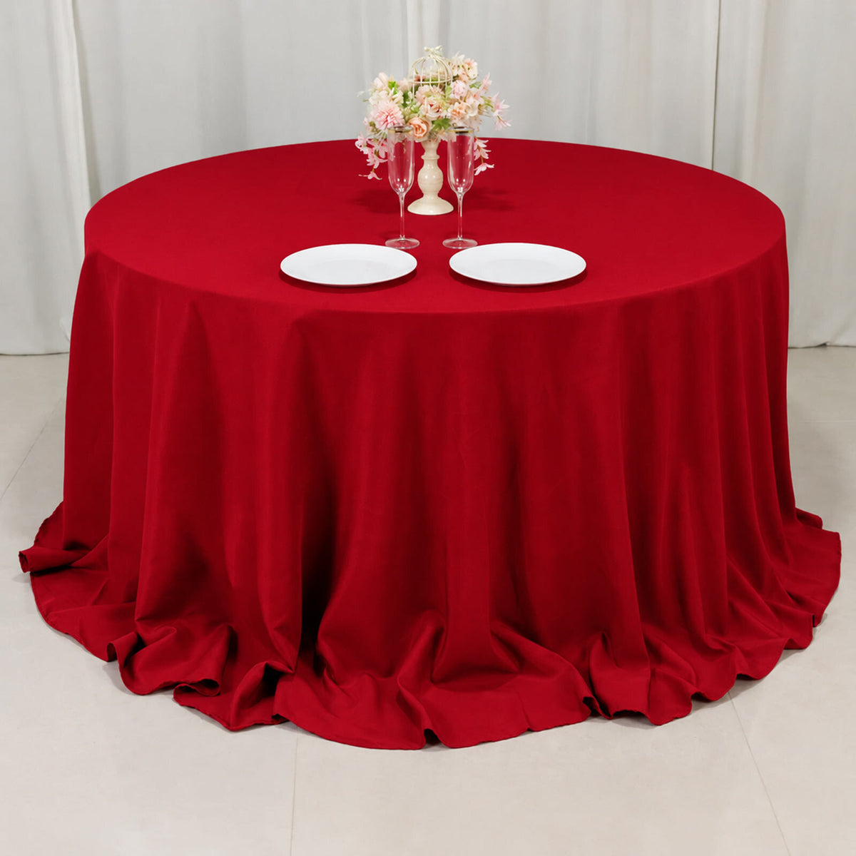 132" Wine Seamless Premium Polyester Round Tablecloth - 220GSM for 6 Foot Table With Floor-Length Dr