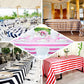 Red and white striped satin rectangle tablecloth, 90"x156".