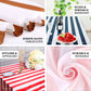 Red and white seamless stripe satin tablecloth on a dining table.