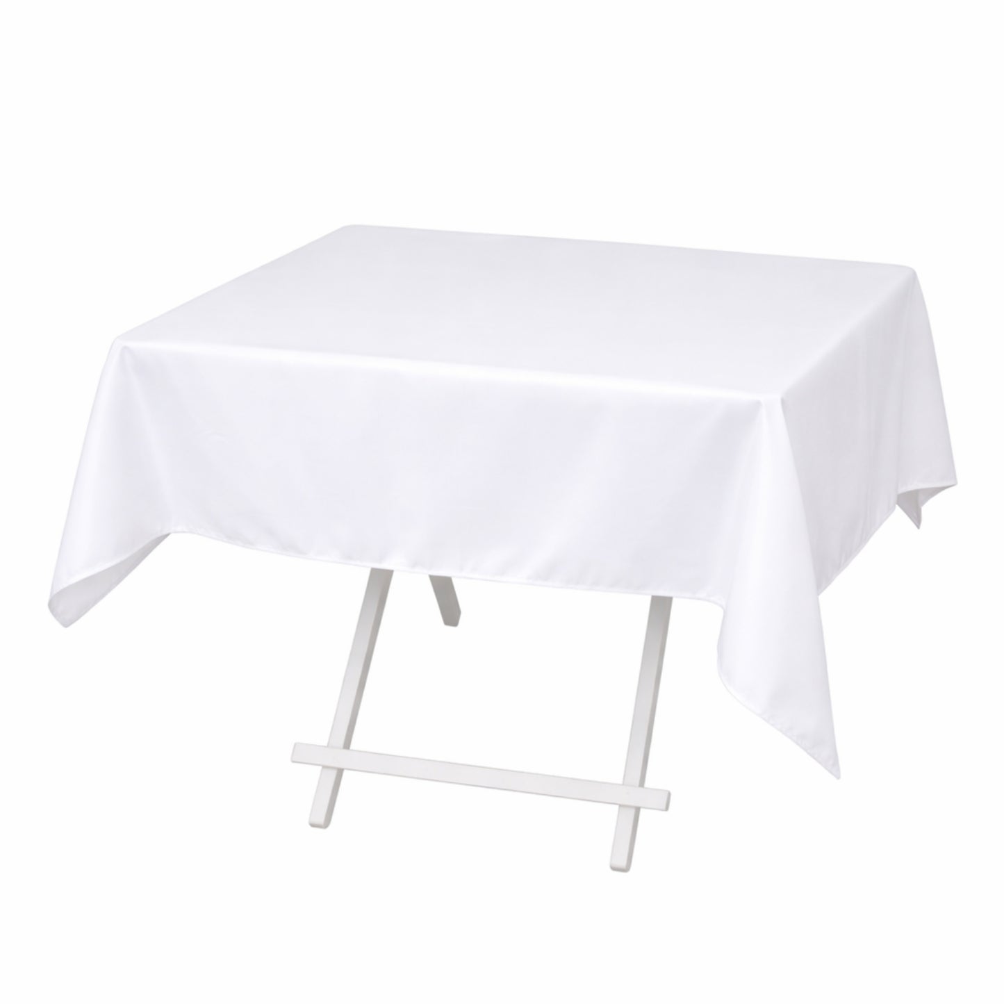 White premium polyester square tablecloth on a folding table.