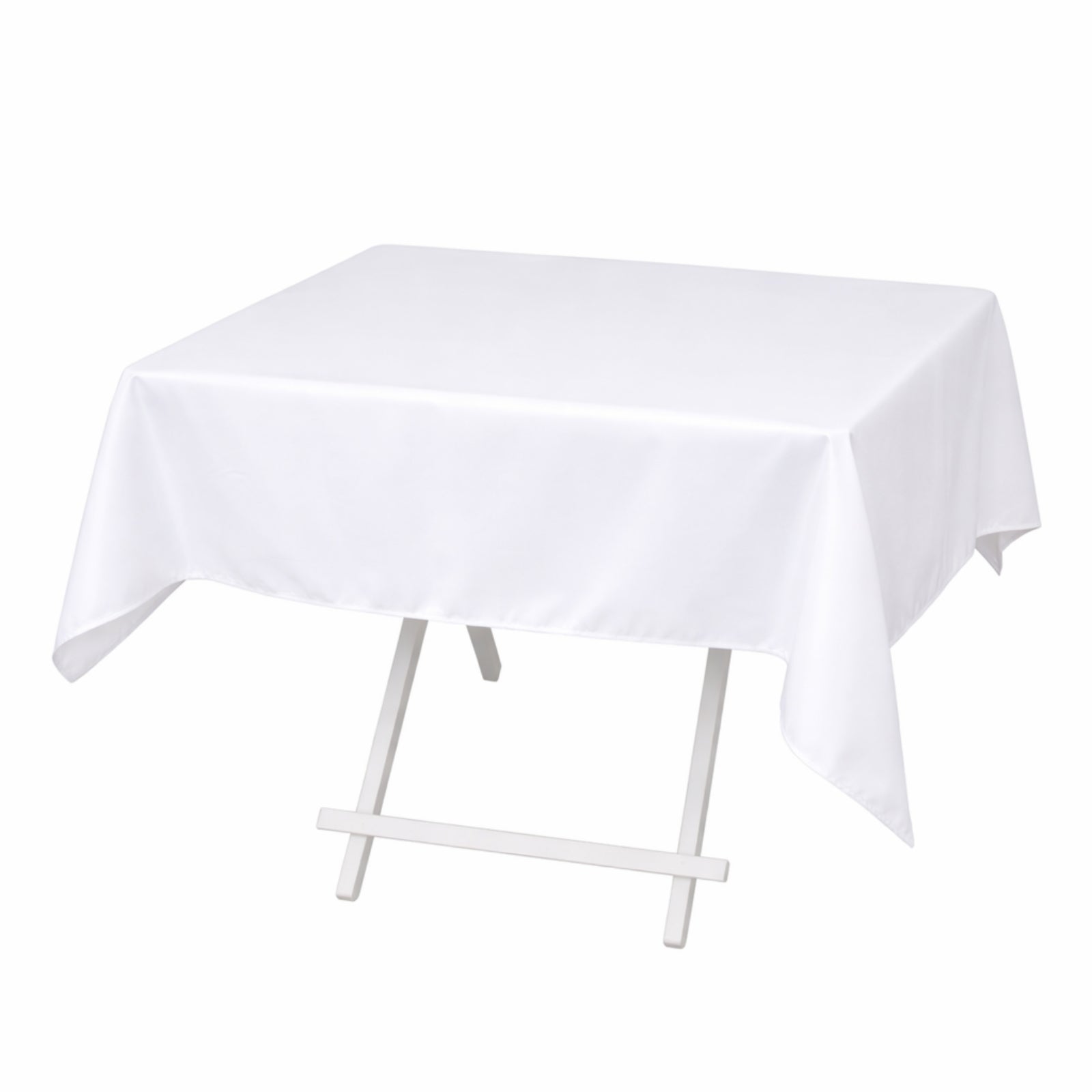 White premium polyester square tablecloth on a folding table.