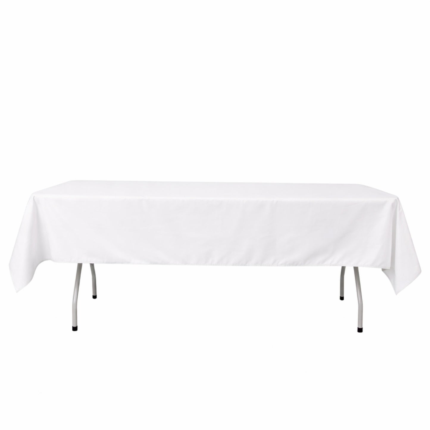 White rectangular polyester tablecloth on a table.