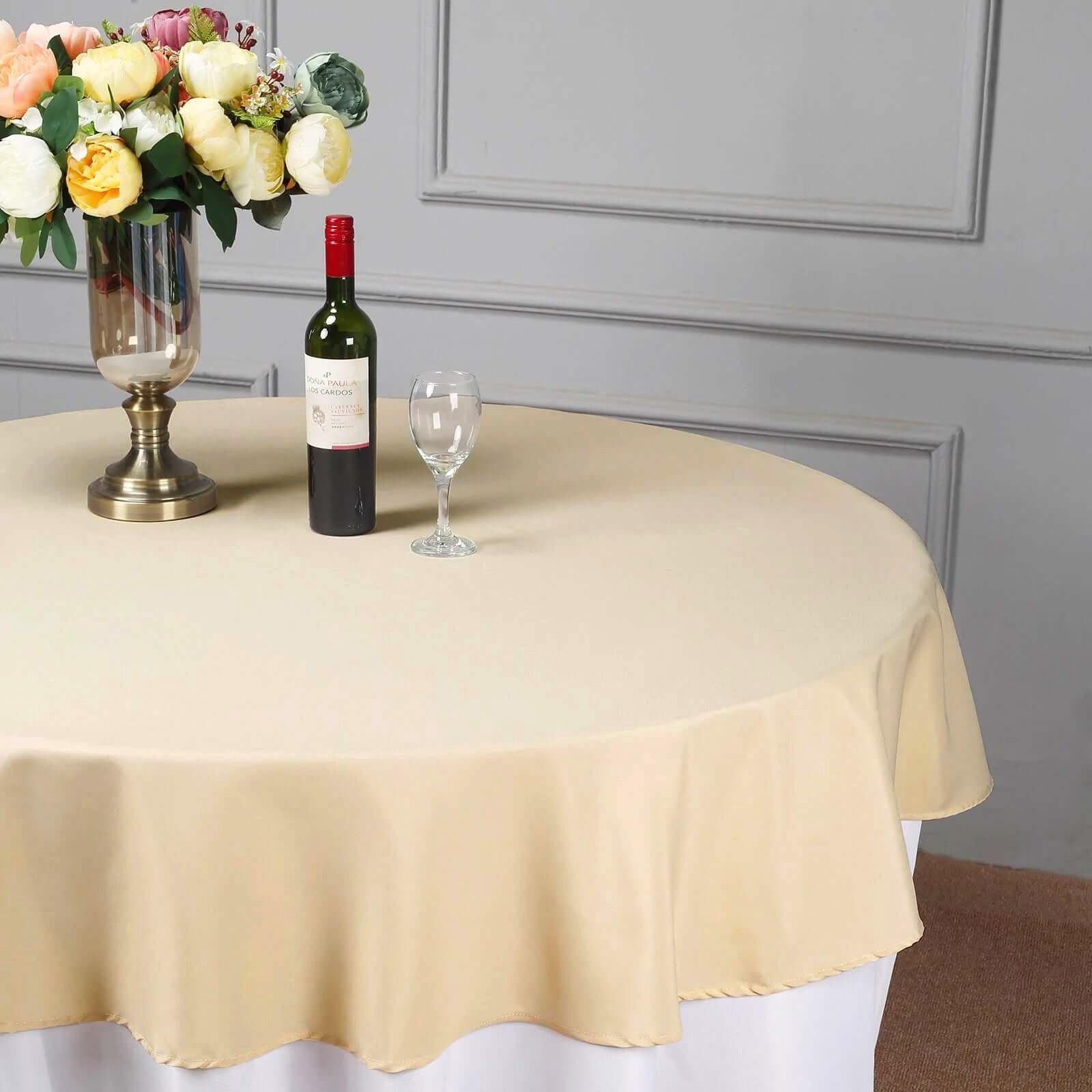 Round Beige Polyester Linen Tablecloth 70 Inch 