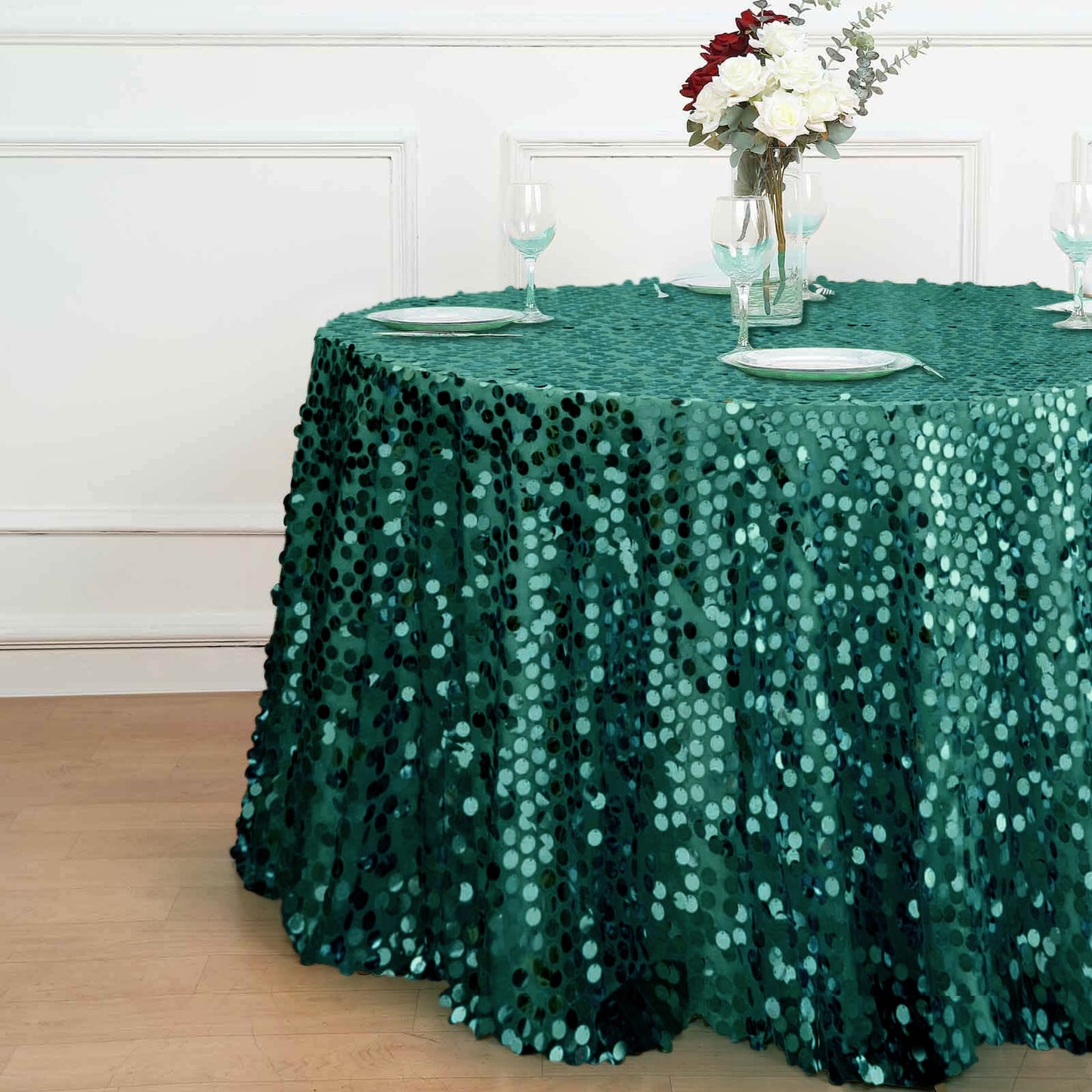 120" Hunter Emerald Green Seamless Big Payette Sequin Round Tablecloth Collection