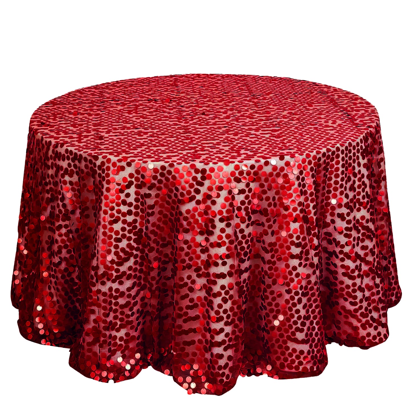 Red seamless big Payette sequin round tablecloth, 120 inches in diameter.