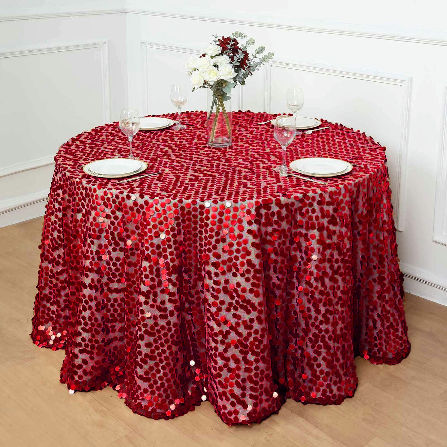 120" Red Sequin Round Tablecloth with Big Payette Sequins