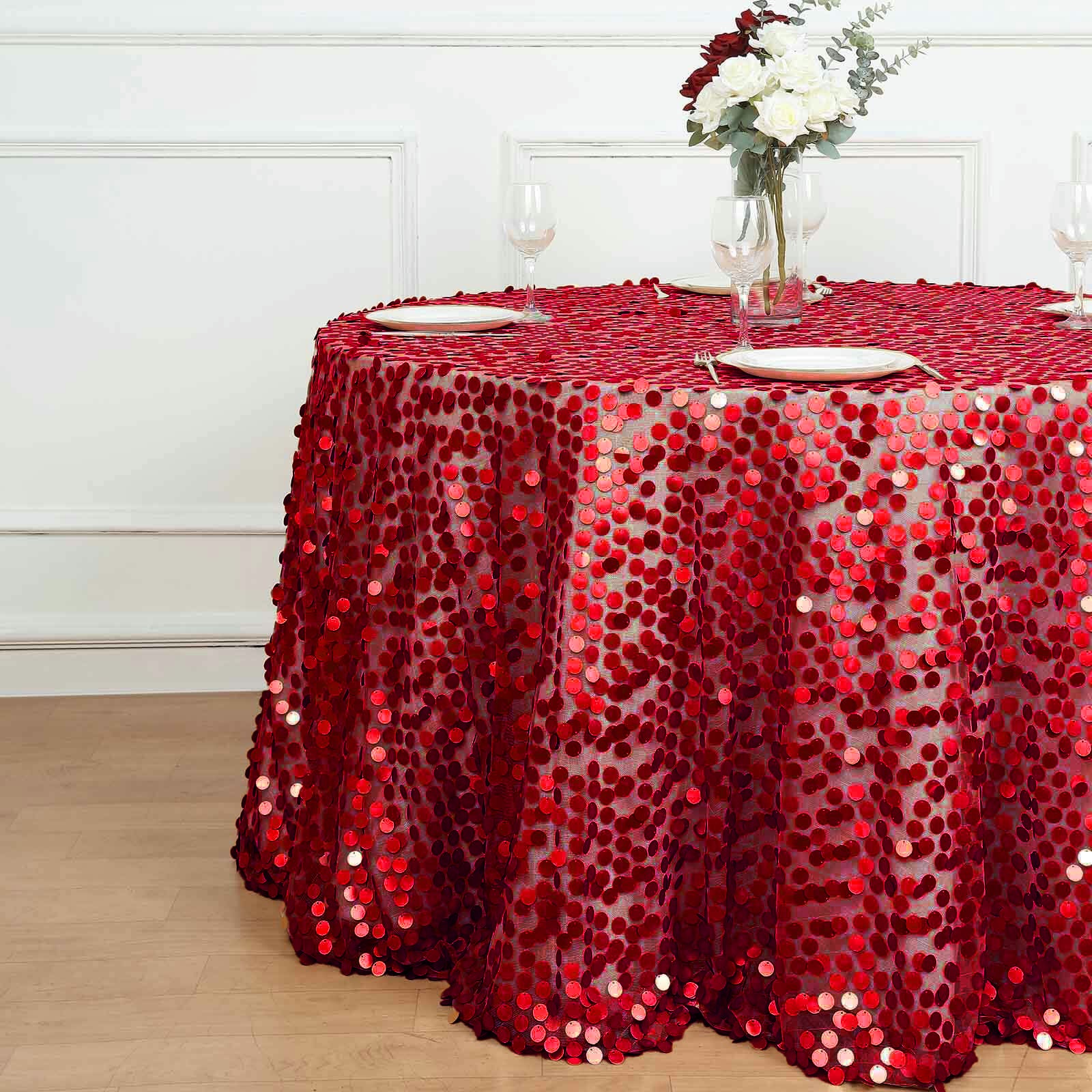 Red sequin round tablecloth with a shimmering big payette design.