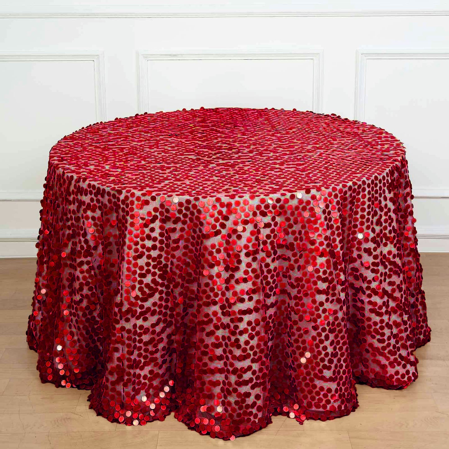 Red sequin round tablecloth with a seamless design.