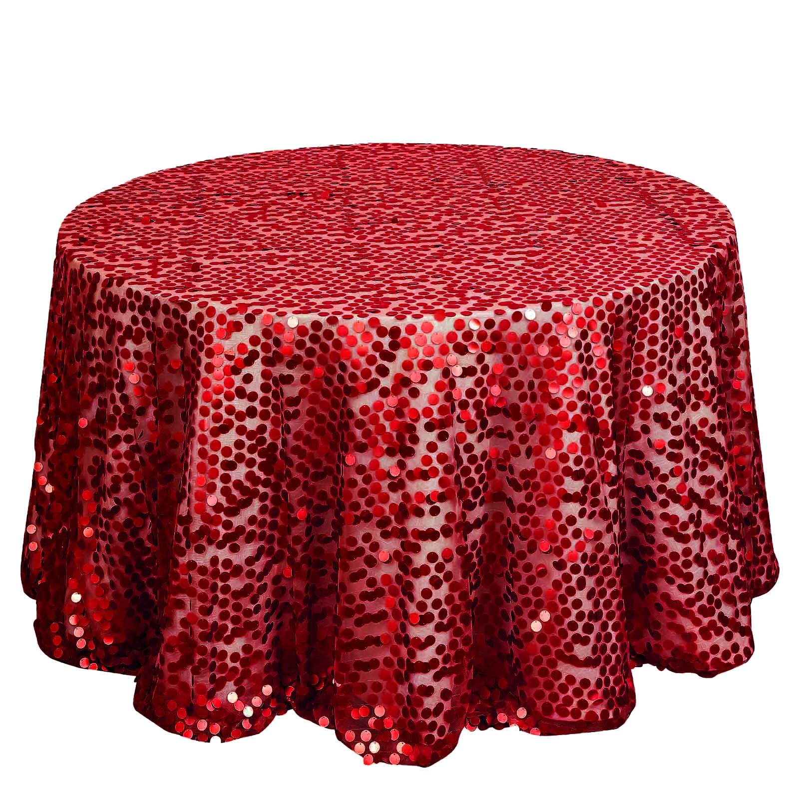 Red sequin round tablecloth for elegant table settings.