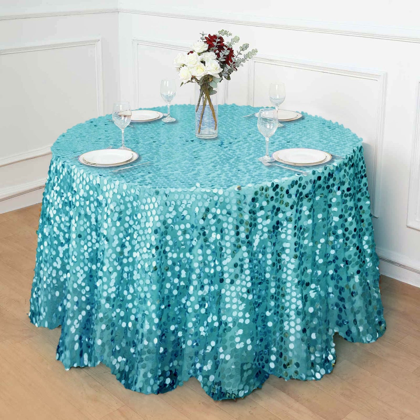 120 Inch Big Payette Sequin Round Tablecloth In Turquoise