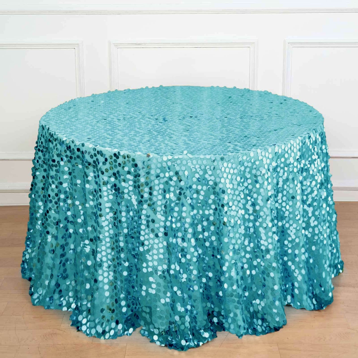 120" Turquoise Seamless Big Payette Sequin Round Tablecloth Collection