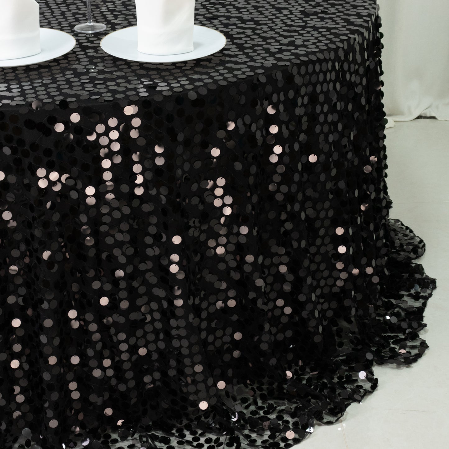Sequin 132" Round Tablecloth Black - Big Payette Table Cover