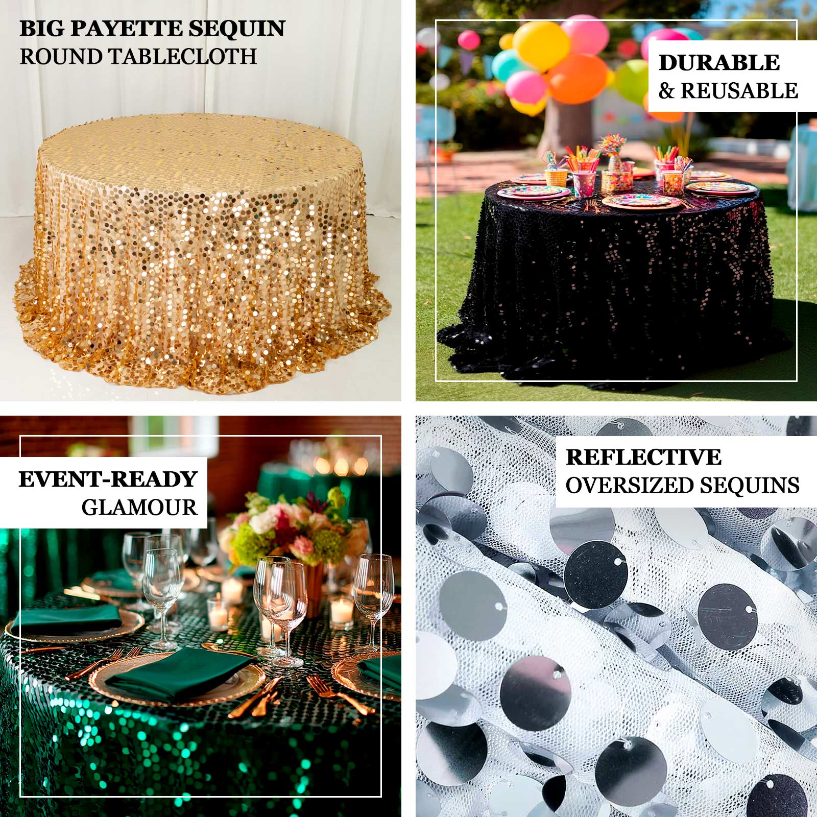 Sequin 132" Round Tablecloth - Big Payette Table Cover