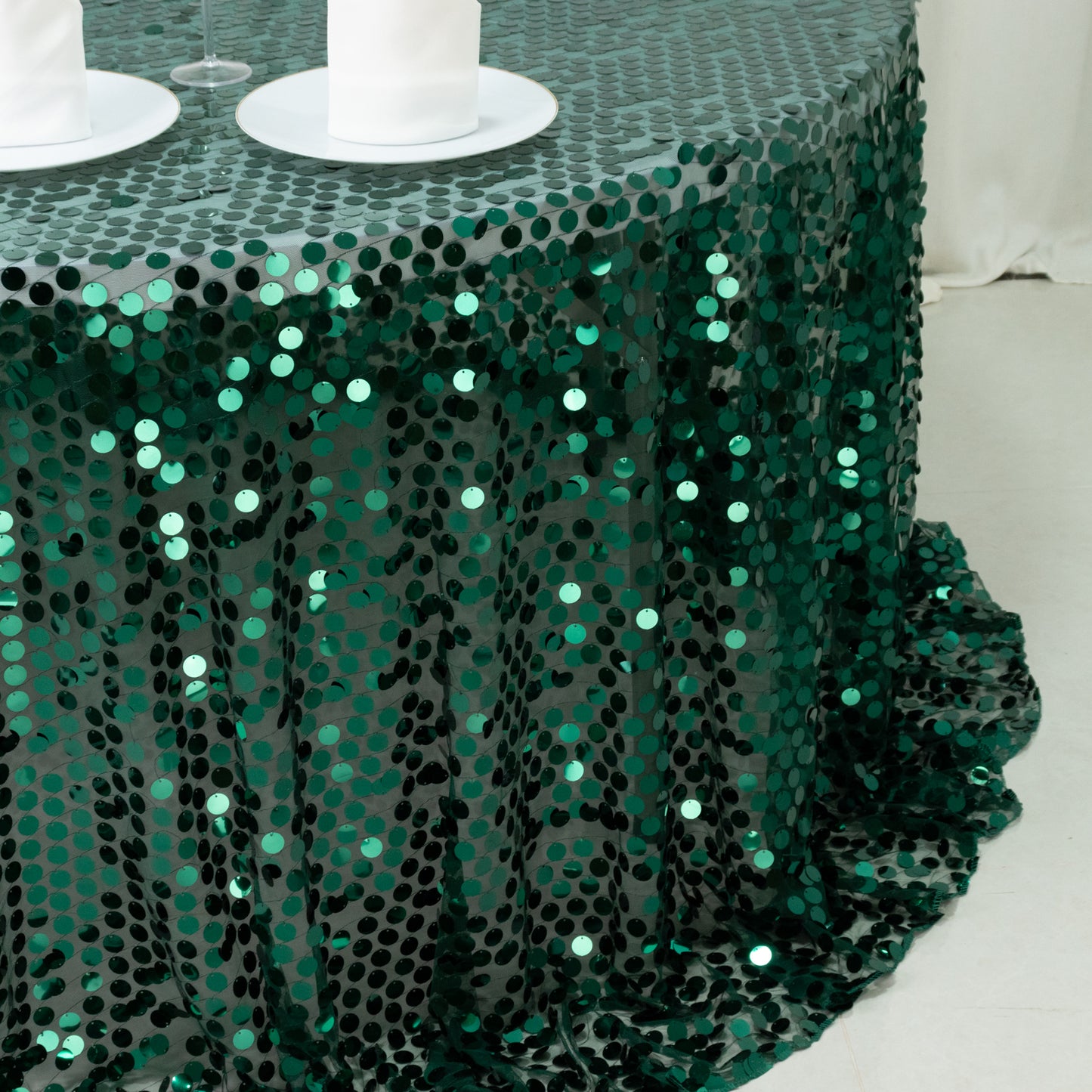 Sequin 132" Round Tablecloth Hunter Emerald Green - Big Payette Table Cover
