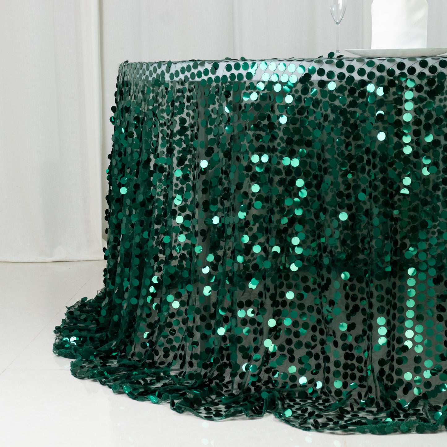 Sequin 132" Round Tablecloth Hunter Emerald Green - Big Payette Table Cover