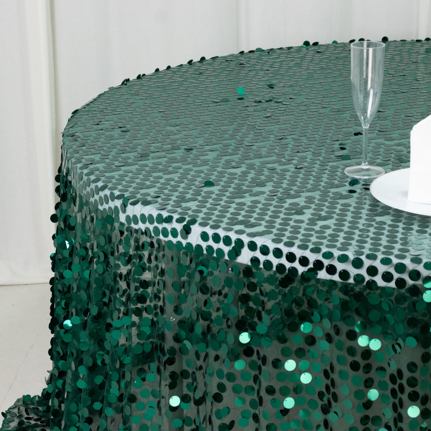 Sequin 132" Round Tablecloth Hunter Emerald Green - Big Payette Table Cover