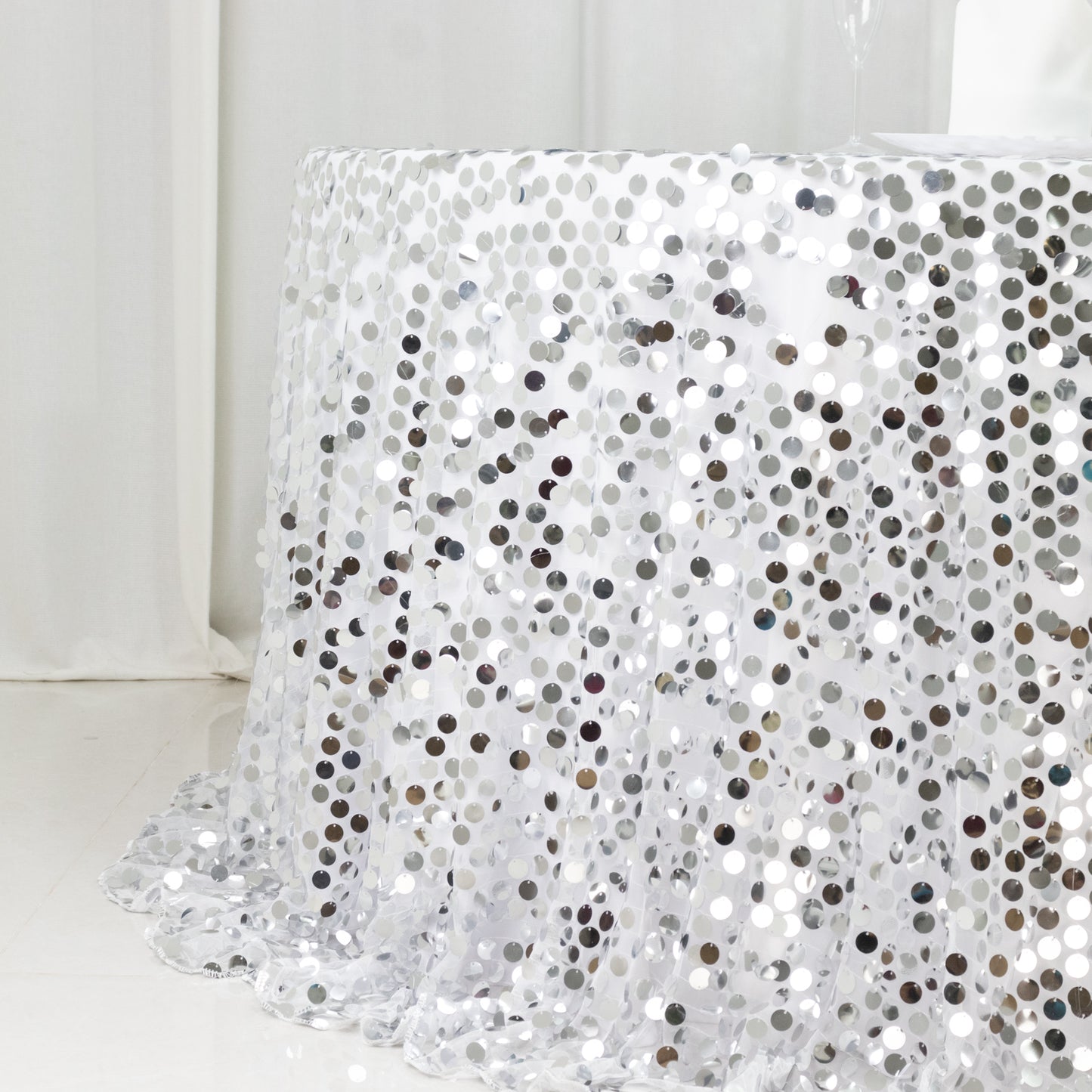 Sequin 132" Round Tablecloth Silver - Big Payette Table Cover