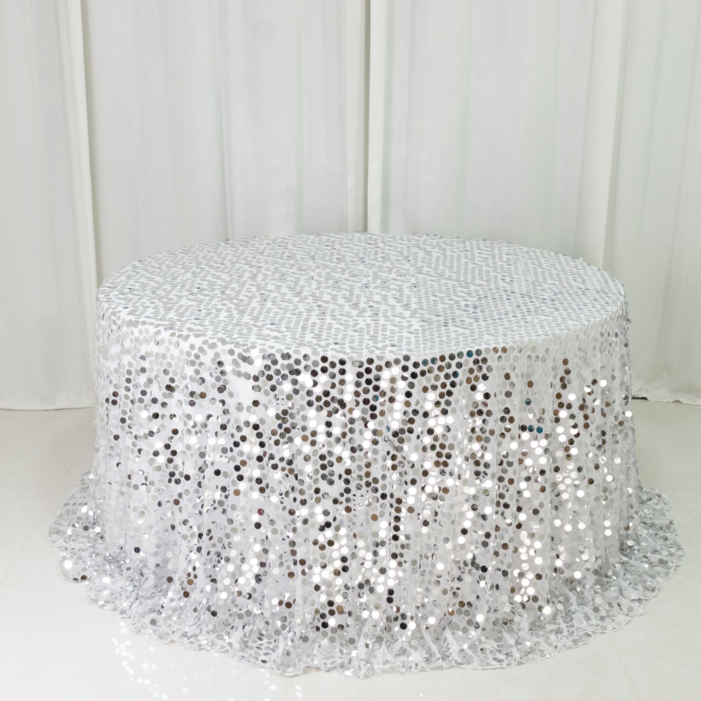 Sequin 132" Round Tablecloth Silver - Big Payette Table Cover