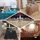 Turquoise big Payette sequin rectangle tablecloth on a festive table setting.