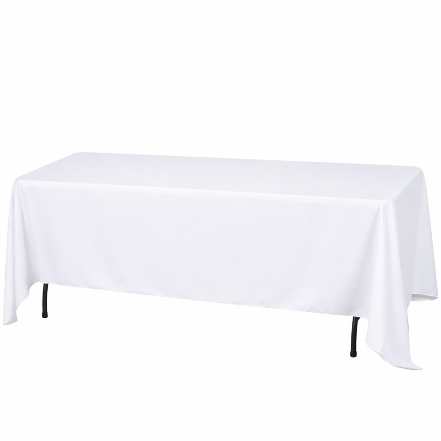White premium polyester rectangular tablecloth on a table.