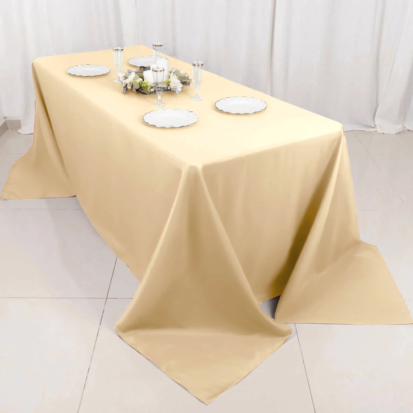 Beige Polyester 90 Inch x 132 Inch Rectangular Tablecloth