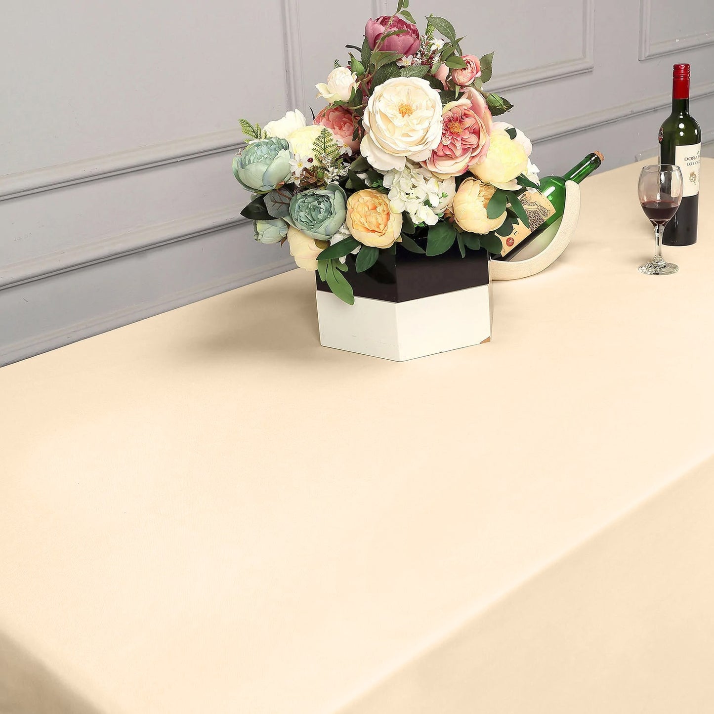 Beige Polyester 90 Inch x 132 Inch Rectangular Tablecloth