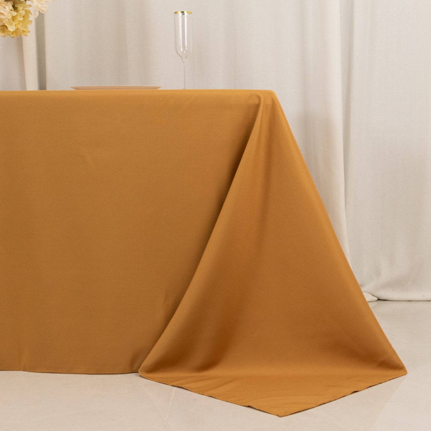 90"x132" Gold Seamless Premium Polyester Rectangular Tablecloth - 220GSM for 6 Foot Table With Floor-Length Drop