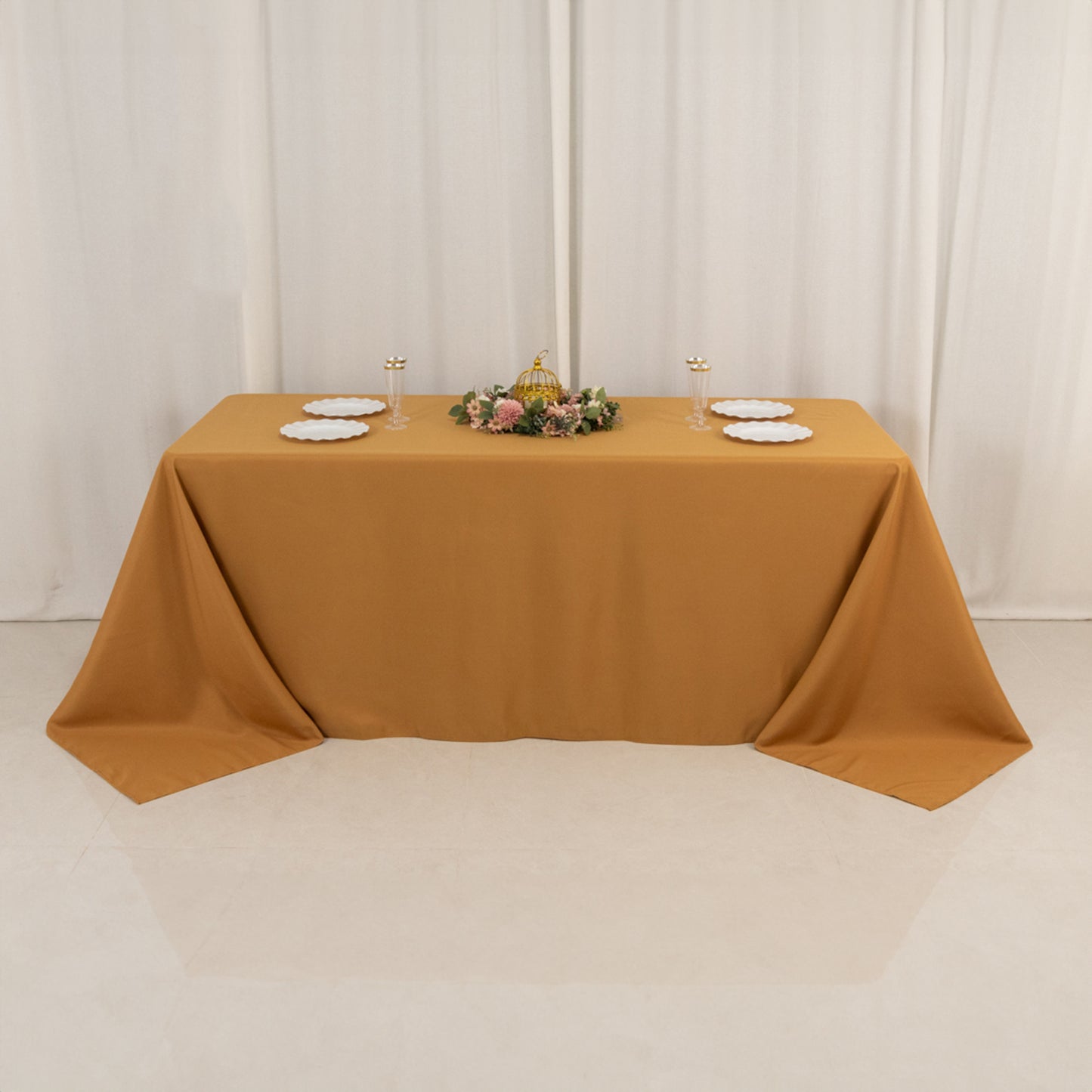 90"x132" Gold Seamless Premium Polyester Rectangular Tablecloth - 220GSM for 6 Foot Table With Floor-Length Drop