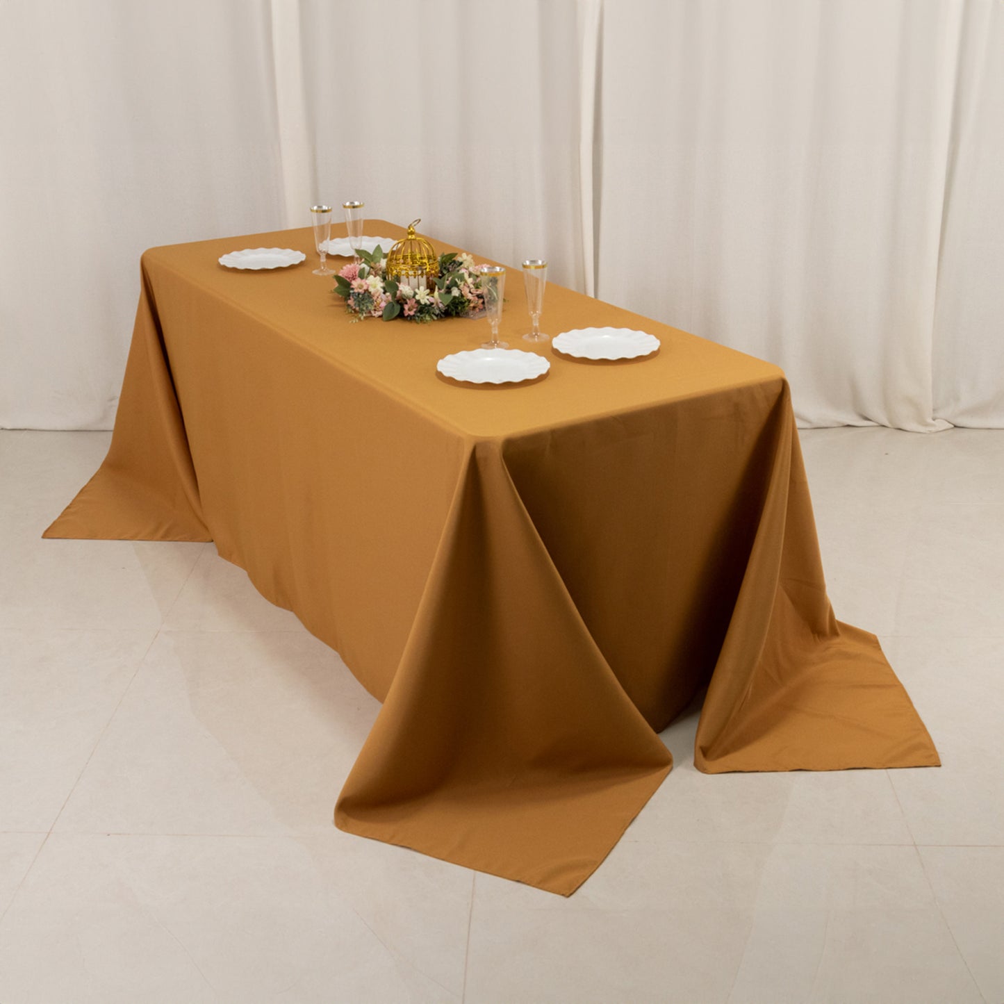 90"x132" Gold Seamless Premium Polyester Rectangular Tablecloth - 220GSM for 6 Foot Table With Floor-Length Drop